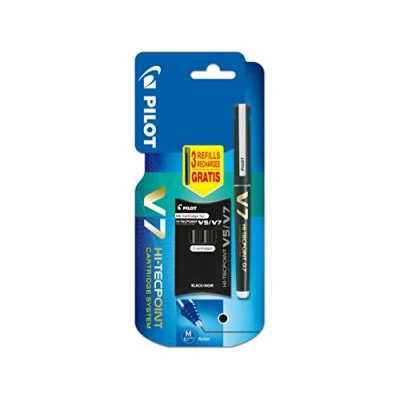 Afbeelding van Pilot Blister V7 Hi tecpoint navulbaar vloeibare inktroller zwart medium punt + 1 etui met 3 patronen