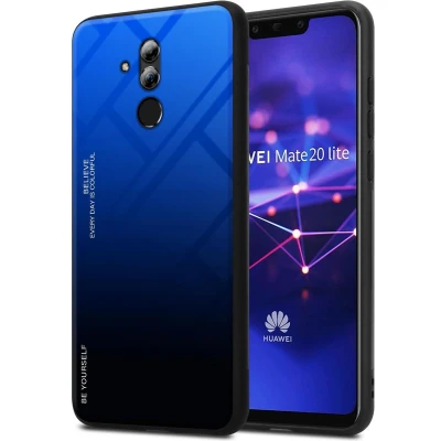 Afbeelding van Cadorabo Hoesje compatibel met Huawei MATE 20 Lite in BLAUW ZWART Tweekleurige TPU siliconen beschermhoes en achterkant van gehard glas