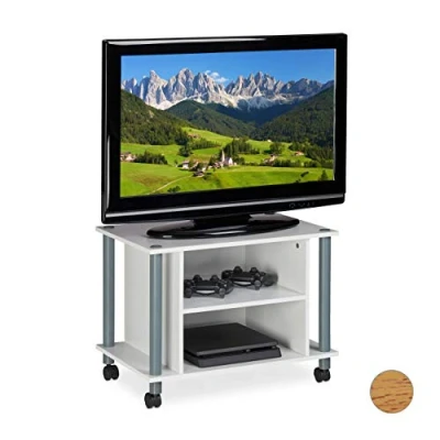 Afbeelding van Relaxdays tv kast verrijdbaar meubel 4 wielen 2 vakken televisietafel wit