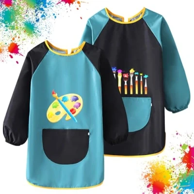 Afbeelding van VMUTGA Set van 2 schilderblouses voor kinderen 6 tot 12 jaar, waterdichte blouse met lange mouwen en zakken, school, kunst, schilderen, knutselen, bakken, zwart, 125 145 cm, zwart.