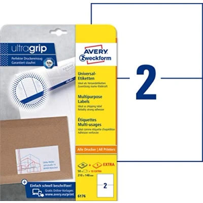 Afbeelding van Avery Zweckform 6176 universele etiketten, 210 x 148 mm, 25 vellen, 50 stuks, wit