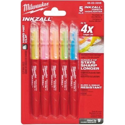 Image de MILWAUKEE 48223206 INKZALL set de 5 marqueurs couleur (jaune, rose, orange, vert, bleu)