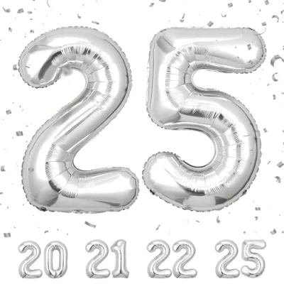 Afbeelding van Verjaardagsballonnen 25 jaar zilver 101,6 cm verjaardagsdecoratie man vrouw opblaasbare folieballon beige