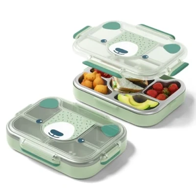 Afbeelding van monbento Lunchbox voor kinderen Wonder Green Bear met vakken van roestvrij staal deksel Ideaal school, picknick BPA vrij Beergroen