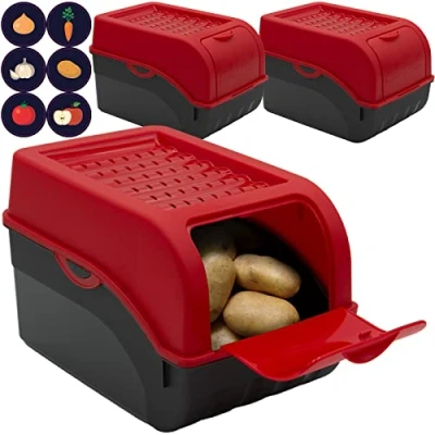 Afbeelding van ARTECSIS 3 Voorraaddozen met deksel + 6 stickers / 29x19x19cm, 5L 4 kg aardappelen Rood voor groenten en fruit, appels uien