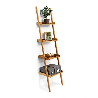 Afbeelding van Relaxdays ladderrek bamboe rek 4 planken trappenrek wandrek houten