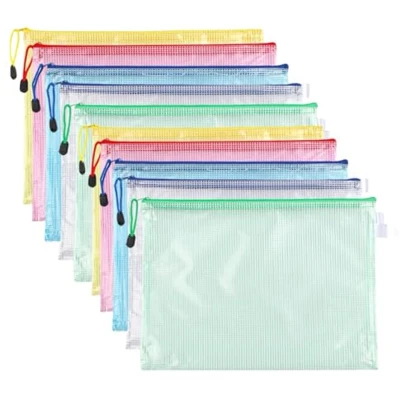 Afbeelding van Documententas met ritssluiting, A4, vak 5 kleuren, PVC, transparant, document, map, netvak voor reizen, kantoor, benodigdheden (10 stuks)