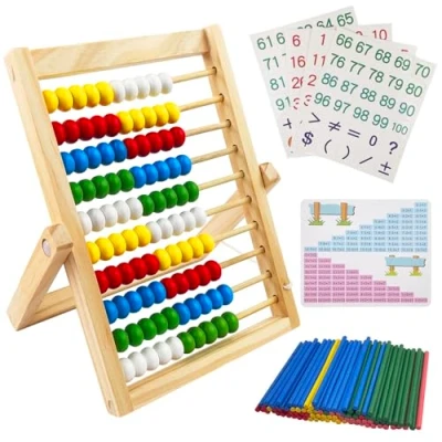Afbeelding van Fousenuk Abaco basisschool, Montessori houten rekenhulp met 100 kralen/telstokken/digitale kaarten, ballen voor kinderen en berekenen vanaf 3 jaar educatief speelgoed