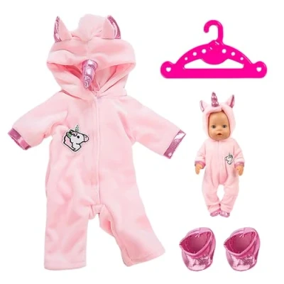Afbeelding van 1 x roze poppenkleding en schoenenset, kleerhanger met oren hoorns, winterpak, babykledingaccessoires, poppenspeelgoedkleding (43 cm)