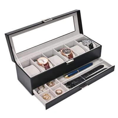 Afbeelding van horlogedoos met 6 vakken, glazen deksel, 2 niveaus, horlogekoffer uitneembaar horlogekussen, voor sieraden, ringen, armbanden en halskettingen, zwart