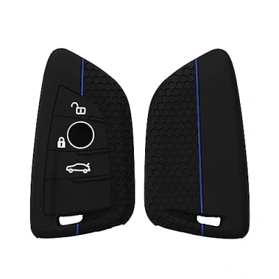 Afbeelding van kwmobile autosleutel hoesje geschikt voor BMW 3 knops Smart Key hoes Siliconen behuizing Auto sleutel case met honingraat Sleuteletui in zwart / blauw