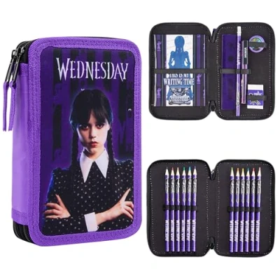Afbeelding van Wednesday Woensdag Addams pennenetui, voor kinderen, meisjes, gevuld, schooletui met vak en kleurpotloden, Paars., etui