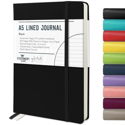 Afbeelding van STATIONERY ISLAND notitieboek A5 gelinieerd, hardcover met 120 g/m² dik papier, 180 pagina&#039;s, dagboek, voor meisjes, reisdagboek, plannen, leren, schrijven