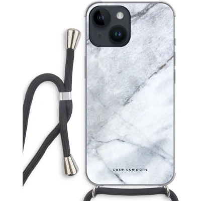 Afbeelding van Case Company® hoesje met Koord geschikt voor iPhone 14 Witte marmer Telefoonhoesje Zwart Extra Bescherming aan alle Kanten en Over de Schermrand