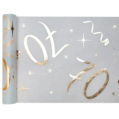 Afbeelding van Tafelloper van stof, wit, goud, 70 jaar, 30 cm x 5 m