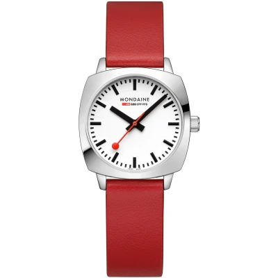 Afbeelding van Mondaine MSL.31110.LCV Petite Cushion Unisex Horloge Stationsklok Mineraalglas Staal/Leer Rood/Zilver 36 mm breed Quartz Gesp
