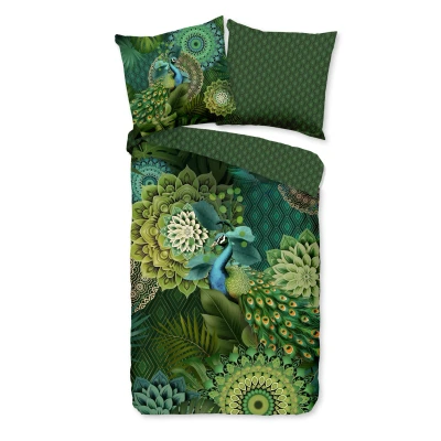 Afbeelding van Luxe Satijnen Dekbedovertrek 155x220 cm Mandala en Pauw Print Groen 1 Persoons 100% Katoen Satijn