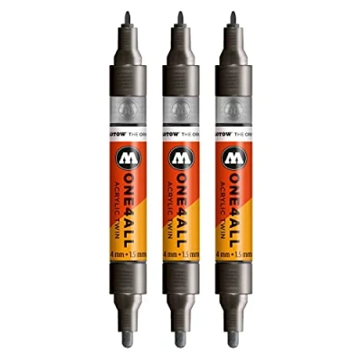 Image de Molotow One4All Lot de 3 marqueurs acryliques Twin (épaisseur trait 1,5 mm et 4 mm, haute couverture permanent) Couleur 223 noir métallisé