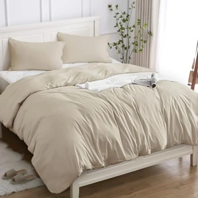 Afbeelding van Dekbedovertrek, 100% katoen, tweepersoons, 200 x cm (2 kussenslopen van 50 80 cm), beddengoed hoogwaardig katoen 150 g/m², OEKO TEX® gecertificeerd, zacht, ademend, hypoallergeen, beige