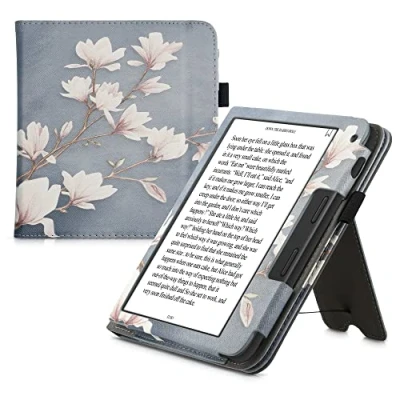 Afbeelding van kwmobile E reader hoesje geschikt voor Tolino Vision 6 hoes flip case van kunstleer Ereader cover met stand Magnolia design in taupe / wit blauwgrijs