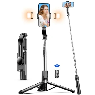 Afbeelding van Selfiestick 115 cm met verbeterd statief 2 extra lampjes voor telefoon afneembare afstandsbediening, 360 draaibaar iPhone 14 13 12 11 Pro XS Max XR, Samsung, Huawei, GoPro