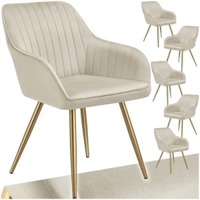 Afbeelding van tectake® 6 x Fluwelen Stoel set van Eetkamerstoelen Met Gewatteerde Stof, Moderne Keukenstoelen, Comfortabele Fauteuil Voor Woonkamer, Eetkamer, Lounge creme / goud