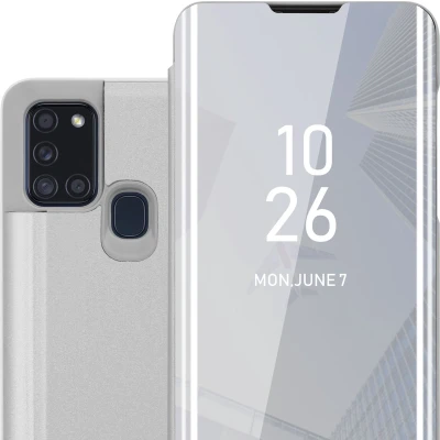 Afbeelding van Cadorabo Hoesje geschikt voor Samsung Galaxy A21s in AGAAT ZILVER Clear View Spiegel Beschermende Case met Tribunefunctie 360 Graden Bescherming Book Cover Etui