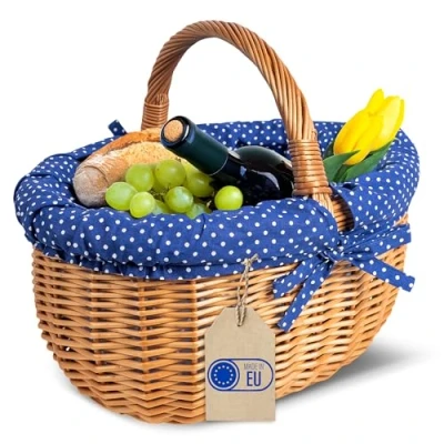 Afbeelding van Creative Home Grote picknickmand met gestippelde rand, marineblauw rieten mand handvat 43 x 32 37 cm (+/ 2 cm) groot en licht natuurlijk bruin handgevlochten universeel