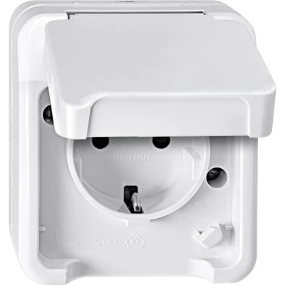 Afbeelding van Merten 4074943 AquaStar Compleet Wandcontactdoos met randaarde en klapdeksel spatwaterdicht Polar wit 1 voudig