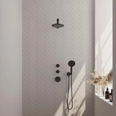 Afbeelding van Brauer Glad 20cm Rechte wandarm 3 Standen handdouche Zonder glijstang Mat zwart