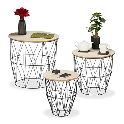 Afbeelding van Relaxdays Bijzettafel set van 3 metalen frame salontafels koffietafel ronde tafels