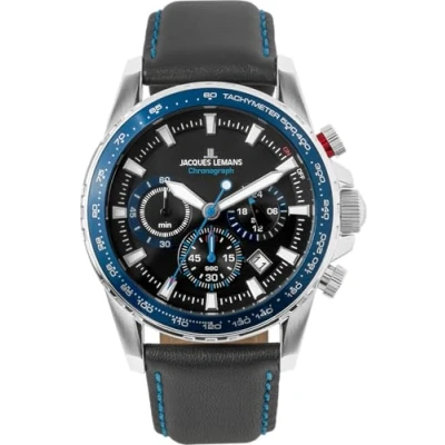 Afbeelding van JACQUES LEMANS Heren chronograaf quartz horloge met lederen band 1 2099B.1, Zwart/Blauw, bandjes, Riemen