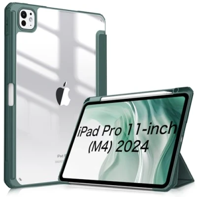 Afbeelding van FINTIE Beschermhoes voor iPad Pro 11 inch 2024 (M4, 5e generatie) [Stylus opslag] transparante achterkant, opvouwbare beschermhoes, schokbestendige hoes met TPU rand, nachtgroen