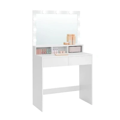 Afbeelding van VASAGLE kaptafel, toilettafel, cosmeticatafel met 9 led lampjes en spiegel, instelbare helderheid, 2 laden 3 open vakken, laden, modern, wit RDT120T10
