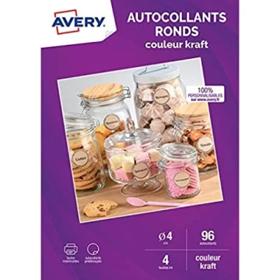 Image de Avery Papier recyclé adhésif permanent kraft diamètre de 40 mm 96 étiquette(s) (4 feuille(s) x 24 étiquettes