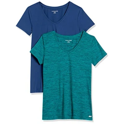 Image de Amazon Essentials T shirt Tech à manches courtes et col en V, extensible (disponible grande taille) Dames, 2 Pack, Bleu/Vert Sarcelle Teinture Spatiale, L