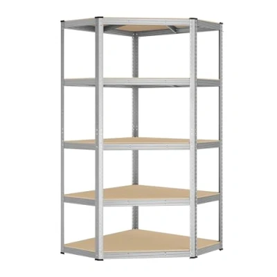 Afbeelding van SONGMICS Hoekplanken met 5 niveaus, opbergrekken van staal, zware belasting, garage, magazijn, draagvermogen 875 kg, zilver en natuurlijk beige GLR080E01