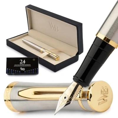 Afbeelding van Wordsworth &amp; Black Vulpennen set, Extra Fijn penpunt, inclusief 6 inktpatronen en inktvulomvormer, Geschenkdoos, Kalligrafie, soepele schrijfpennen [Zilver Goud], Perfect voor Mannen Vrouwen