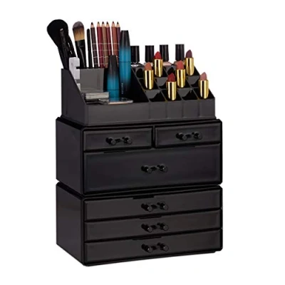Afbeelding van Relaxdays make up organizer met 6 lades acryl cosmeticahouder cosmetica opslag zwart