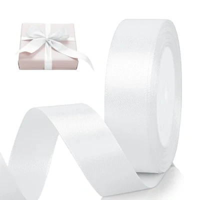 Afbeelding van AiQInu Satijnen lint, wit, 25 mm x 22 m, voor geschenkverpakkingen, knutselen, boeket, cadeaupakketlinten bruiloft, naaiprojecten, strikken, decoraties