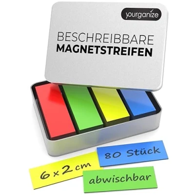 Afbeelding van YOURGANIZE® Magneetstrip, 80 stuks, beschrijfbaar, 60 x 20 mm, magneetstrips voor koelkast, whiteboard en bord,