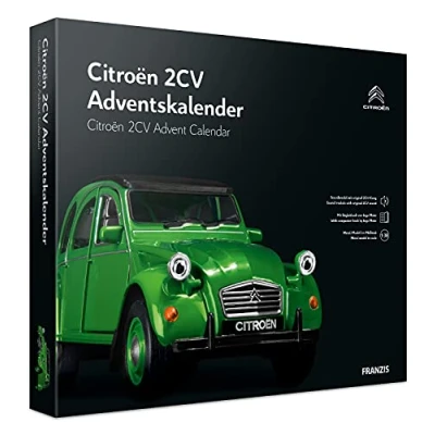 Afbeelding van Citroen 2CV adventskalender groen, metalen modelbouwpakket in maatstaf 1:38, incl. soundmodule en 50 zijdig notitieboekje