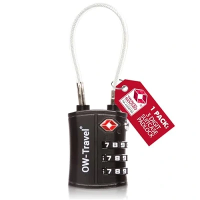 Afbeelding van OW Travel TSA kabelslot voor koffer. Hangslot 3 cijferige code diefstalbeveiliging bagage kluisje opslag tent camping combinatie USA. Accessoires reizen vliegtuig: kofferslot