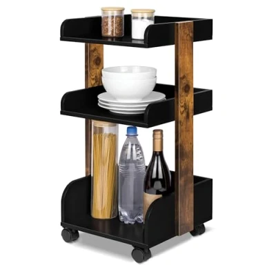 Afbeelding van Bomoe Bosse FSC® Houten Keukentrolley op 4 Vastzetbare Wielen &amp; 3 Etages Serveerwagen 32x35x69cm Zwart Bruin voor Badkamer Kantoor