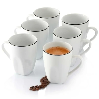 Afbeelding van Sänger Bilgola Black Rim Set van 6 porseleinen koffiekopjes voor personen, en kopjes vaatwasmachinebestendig, wit met zwarte accenten, 220 ml Premium Collection