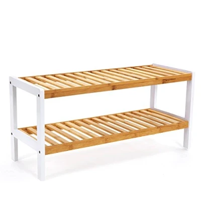 Afbeelding van Schoenenrek van SONGMICS bamboe, badrek met 2 niveaus, schoenenkast, schoenenstandaard, 70 x 33 26 cm (B H D), wit en natuurlijk LBS02H