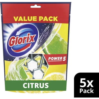 Afbeelding van Glorix Power 5 Toiletblok Citrus in een hersluitbare en geurbehoudende verpakking met 40% minder plastic* stuks