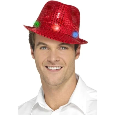 Afbeelding van Pailletten feest/verkleed hoedje rood met LED lichtjes Volwassenen Glitter thema