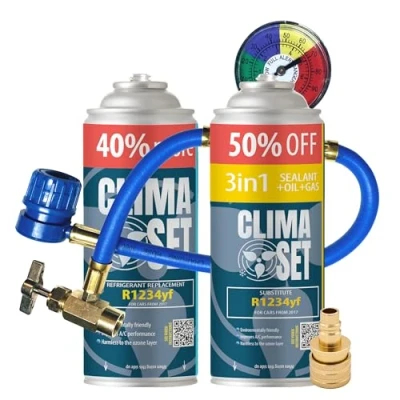 Afbeelding van ClimaSet 3 in 1 R124yf Vervangend gas voor koelmiddel, auto airconditioning, gasfles, 2 x 235 g, airconditioningsslang, manometer, HP/LP adapter, Eco