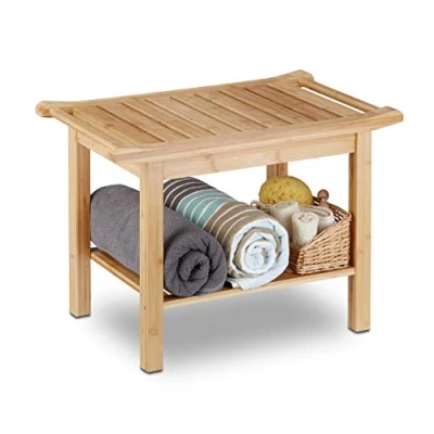 Afbeelding van relaxdays bamboe badkamer bankje met schoenenvak houten bank hout